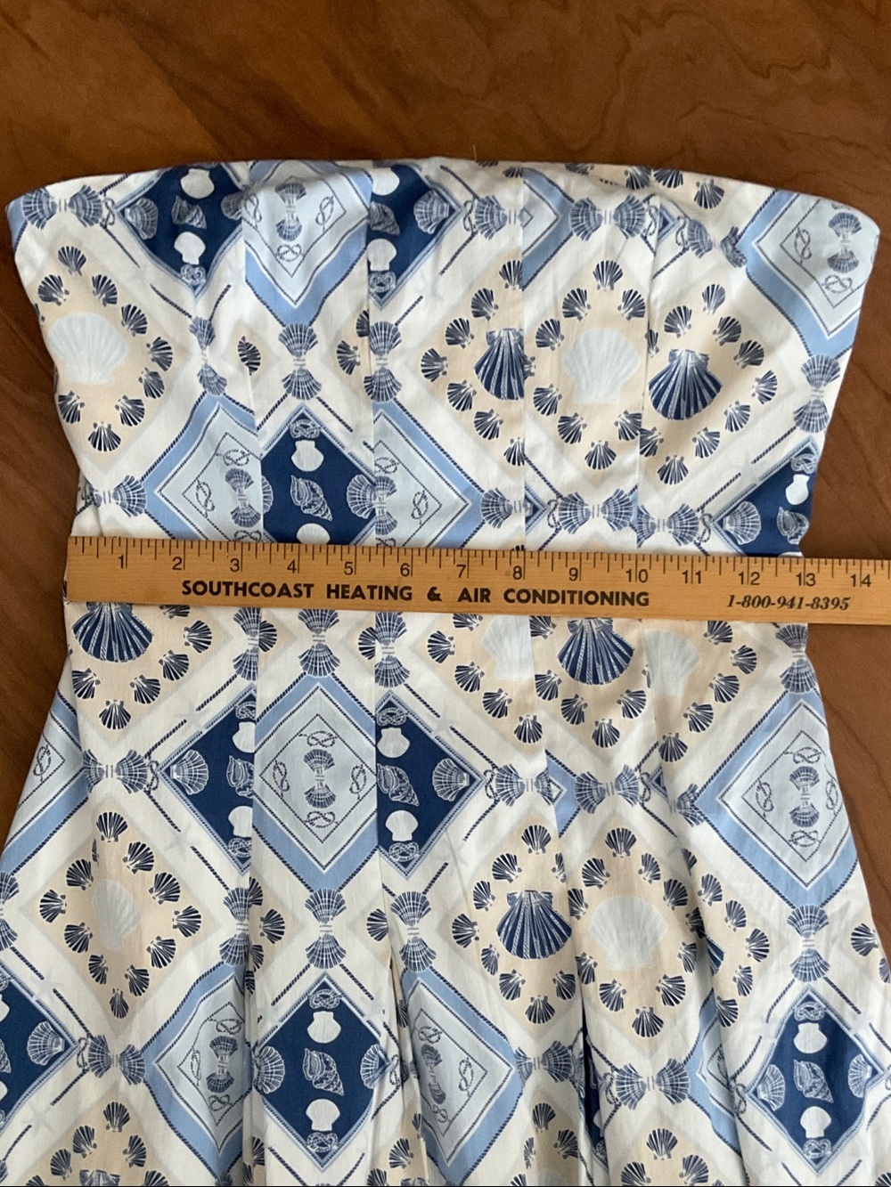 7 For All Mankind Strapless Maxi Dress-Blue & Cream Geometric/Shell Print-Small - Picture 8 of 9